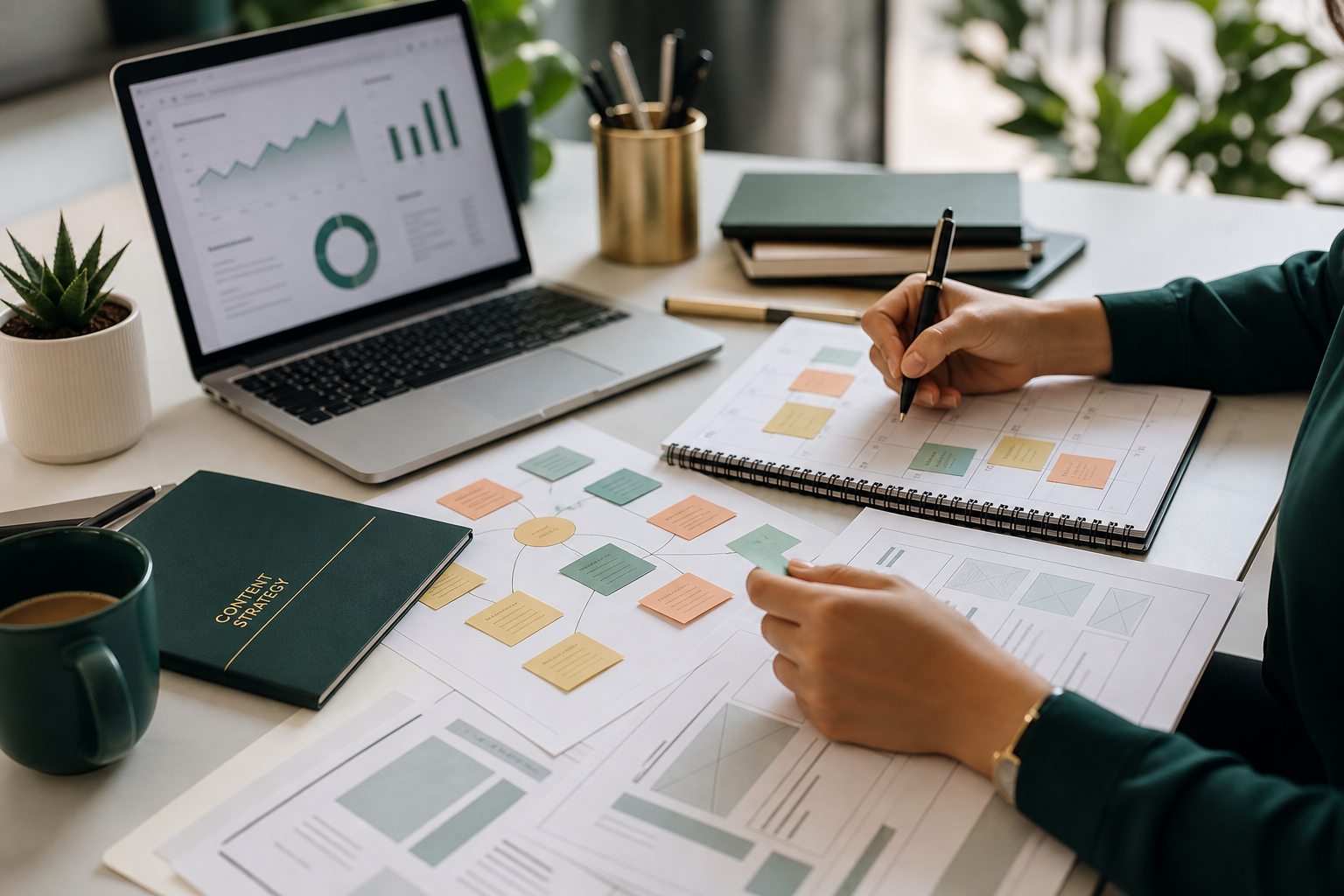 Content strategist planning SEO topics and website content